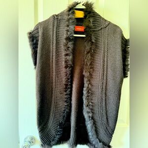 Patrizia Luca Brown Rabbit Fur Trim Sweater Vest Cardigan Size L
